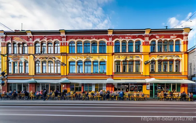 벨라루스에서 유명한 벽화 및 스트리트 아트 - **Vibrant Oktyabrskaya Street Art Hub**
    A wide-angle shot of Oktyabrskaya Street in Minsk, showc...