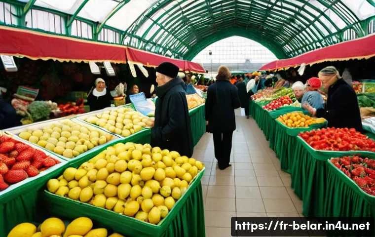 벨라루스에서 유명한 전통 시장 - **Prompt:** "A vibrant, bustling indoor market scene inside Komarovsky Market in Minsk. The impressi...
