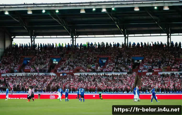 벨라루스 축구 리그 소개 - **"Authentic Belarusian Football Atmosphere"**: A wide shot inside a modest but vibrant Belarusian f...