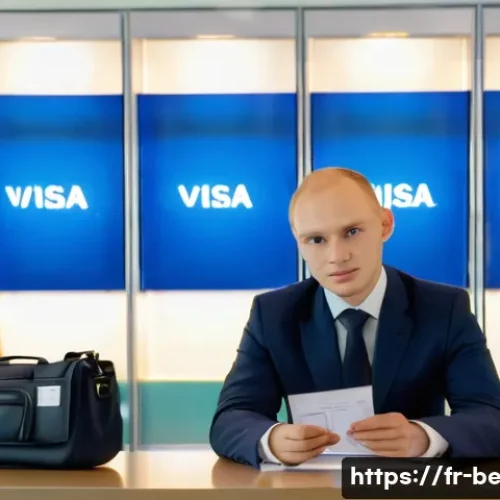 벨라루스에서 여행 시 주의할 점 - A detailed scene of a traveler at the Minsk airport visa counter, showing a person holding a passpor...