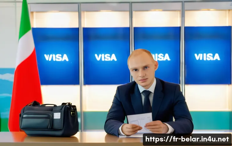 벨라루스에서 여행 시 주의할 점 - A detailed scene of a traveler at the Minsk airport visa counter, showing a person holding a passpor...