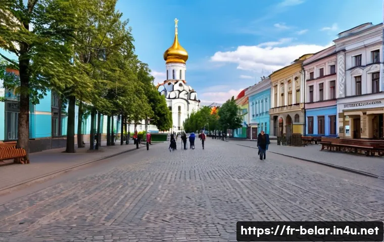벨라루스 관광지 추천 - A serene cobblestone street in the historic old town of Minsk, lined with meticulously restored buil...