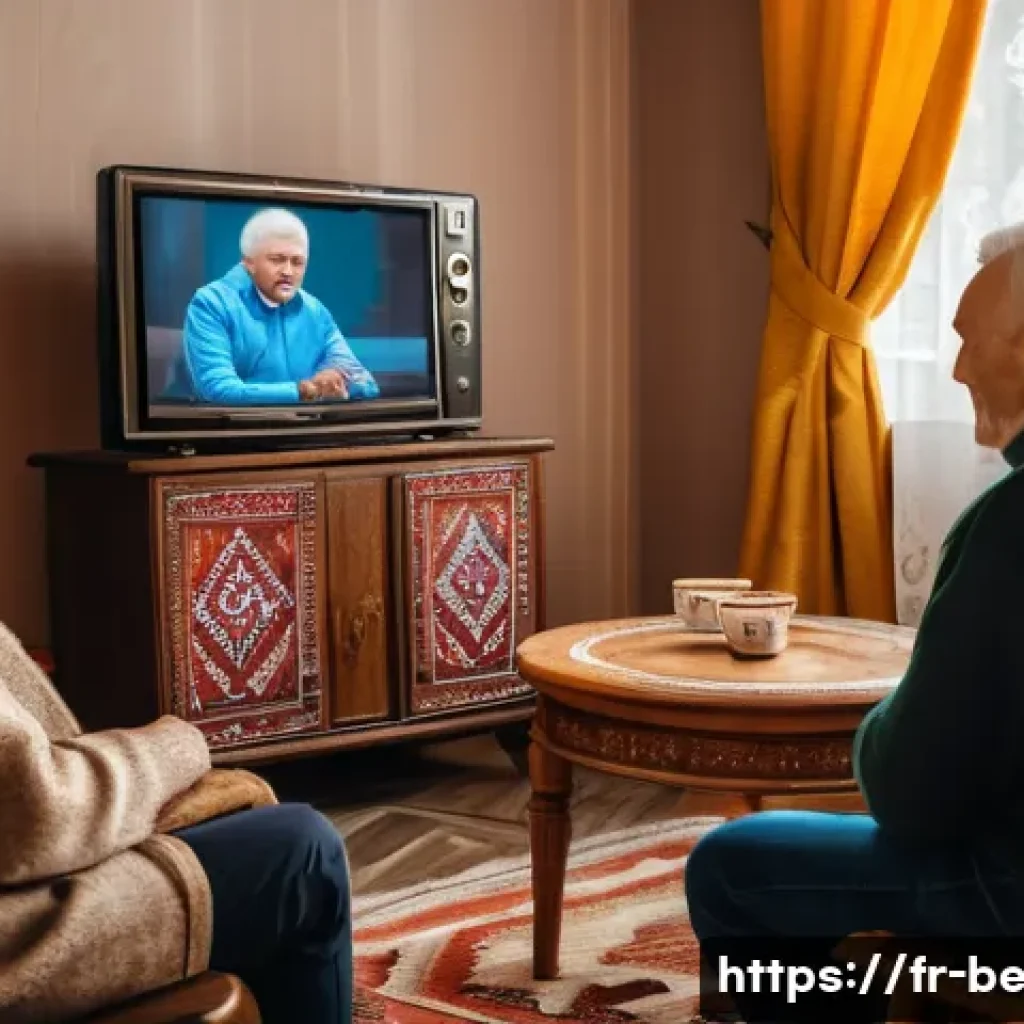 벨라루스에서 인기 있는 TV 프로그램 - A cozy Belarusian family living room scene during late afternoon, with multiple generations gathered...