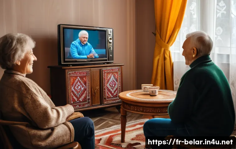 벨라루스에서 인기 있는 TV 프로그램 - A cozy Belarusian family living room scene during late afternoon, with multiple generations gathered...