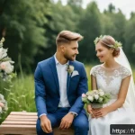 벨라루스에서의 현대적인 결혼 문화 변화 - A modern Belarusian wedding ceremony outdoors in a lush natural setting, featuring a young couple dr...