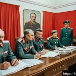 벨라루스 소비에트 연방 시절 - A detailed Soviet-era Belarusian administrative office scene, showing a rigid hierarchical structure...