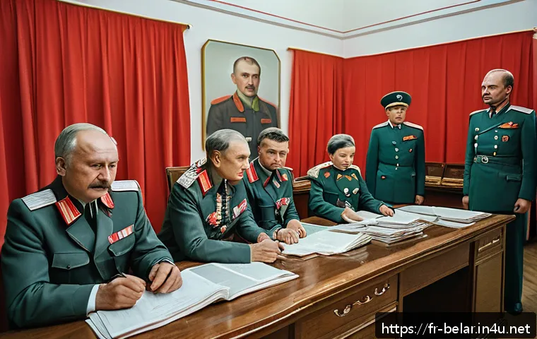 벨라루스 소비에트 연방 시절 - A detailed Soviet-era Belarusian administrative office scene, showing a rigid hierarchical structure...