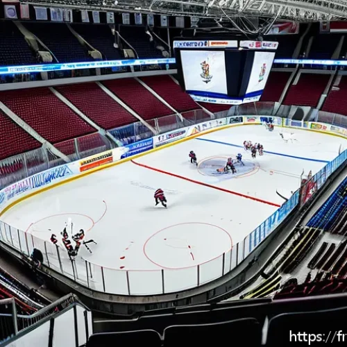 벨라루스에서 유명한 스포츠 - A vibrant ice hockey game scene inside the Minsk Arena, showcasing a packed crowd of enthusiastic Be...