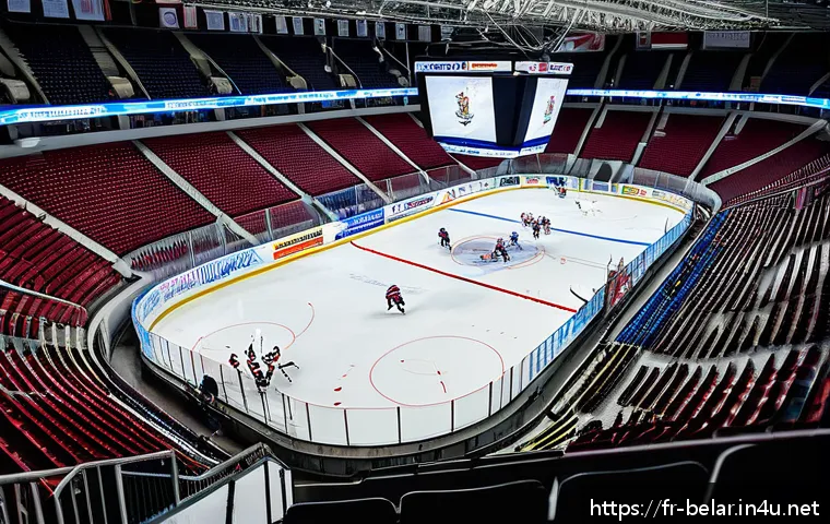 벨라루스에서 유명한 스포츠 - A vibrant ice hockey game scene inside the Minsk Arena, showcasing a packed crowd of enthusiastic Be...