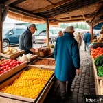 벨라루스에서 전통시장과 마트 비교 - A vibrant traditional Belarusian market scene bustling with local vendors and shoppers, colorful sta...