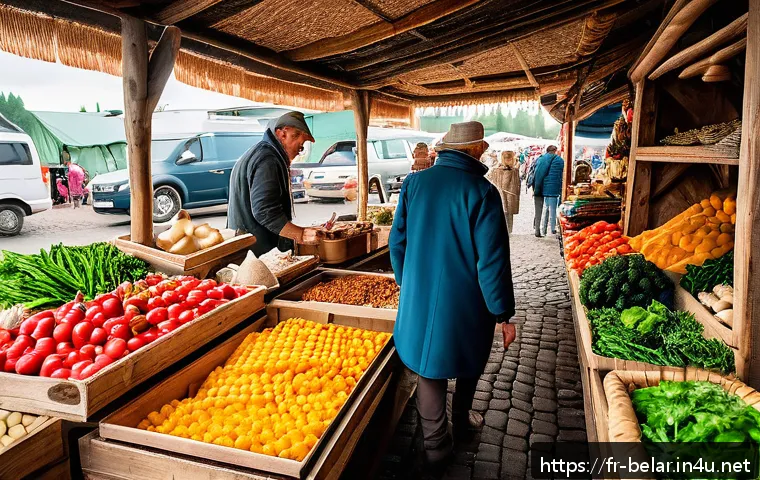 벨라루스에서 전통시장과 마트 비교 - A vibrant traditional Belarusian market scene bustling with local vendors and shoppers, colorful sta...