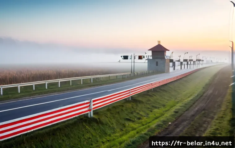 벨라루스 폴란드 국경 이슈 - Photorealistic wide-angle view of a guarded eastern European border crossing at dawn, Polish-style r...